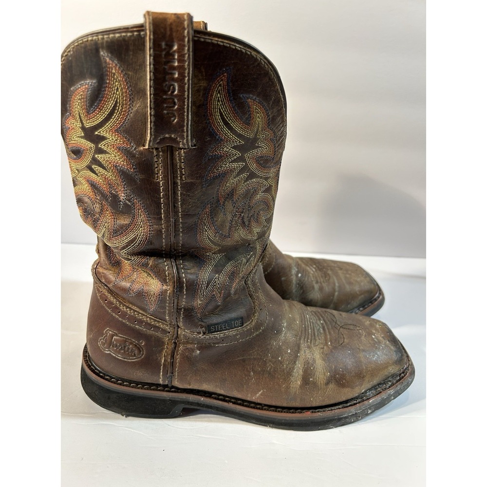 Justin Steel Toe Work Boots Mens 10EE Brown Leather Western Cowboy EH Safety Toe